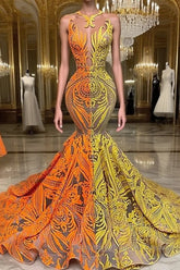 Yellow and Orange Mermaid Semi Formal Prom Dresses Lace Long On Sale
